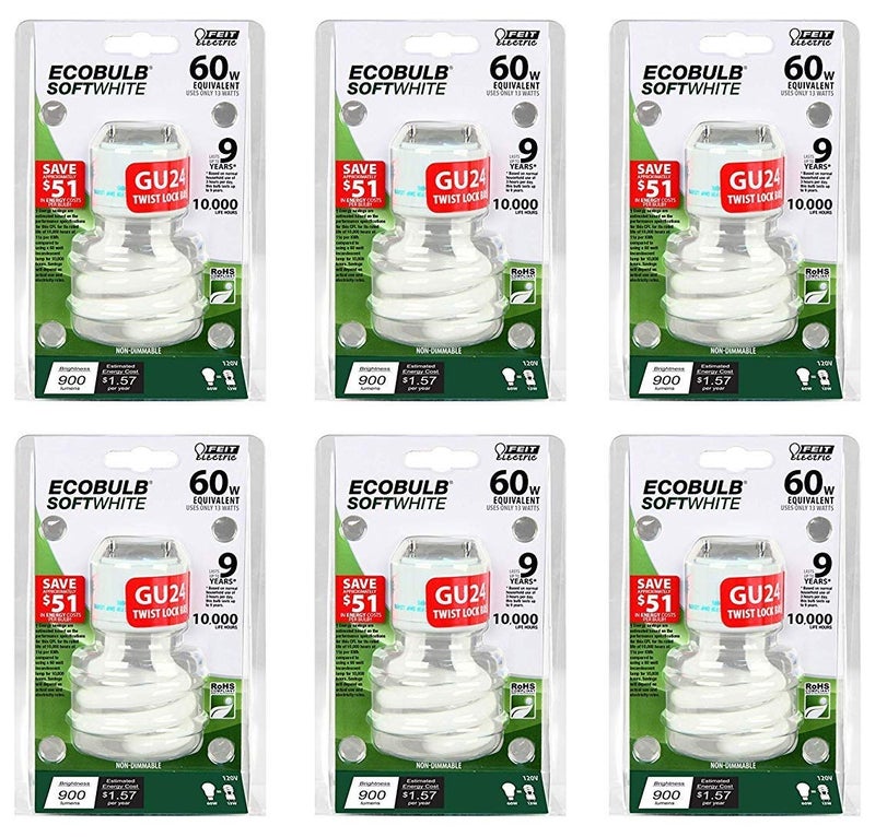 Feit Electric BPESL13T/GU24/2 900 Lumen Soft White Mini Twist GU24 CFL, Uses Up to 78% Less Energy, Compact Fluorescent, Life Up to 10000 Hours, (6-Pack) - Image 1